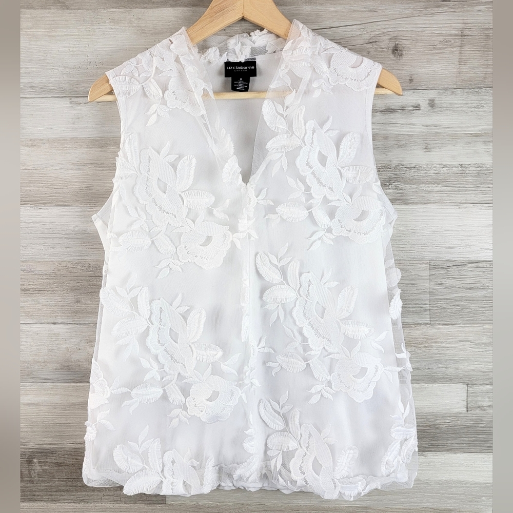 Liz Claiborne Career White Floral Lace Sleeveless Deep VNeck Blouse Size Medium - Picture 11 of 16